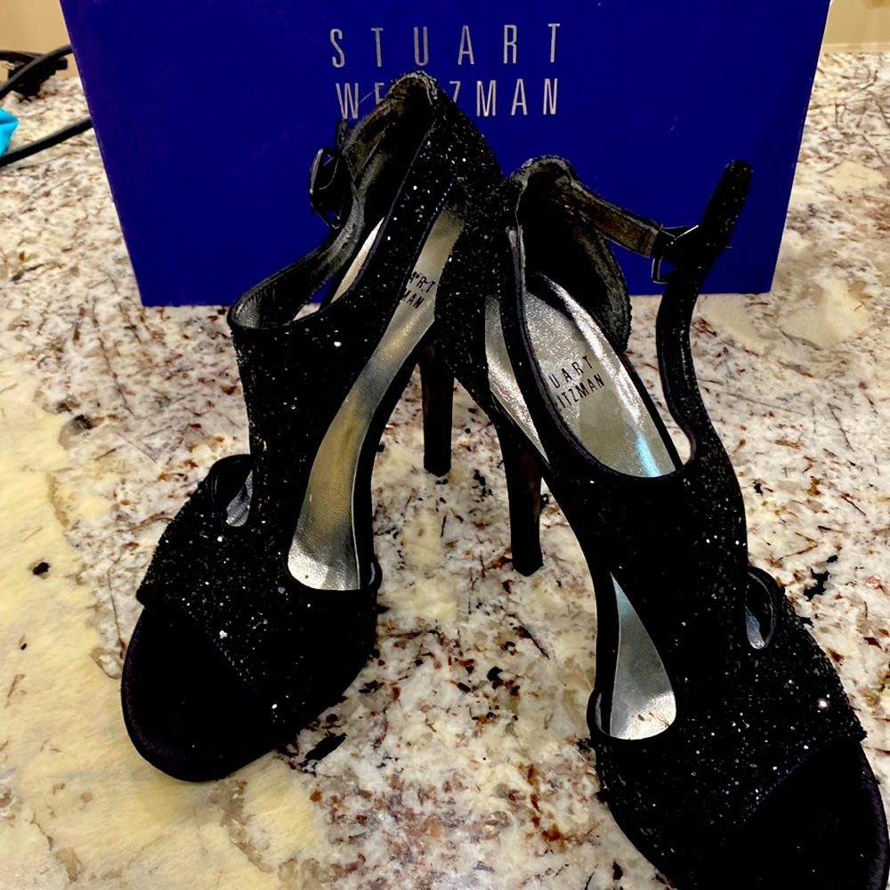 Stuart Weitzman Black Open Toe Glitter 4.5” Heels size 6